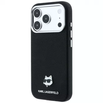 Karl Lagerfeld Grūdėtas Choupette galvutės metalinis MagSafe dėklas, skirtas iPhone 18 Pro Max / 17 Pro Max - juodas
