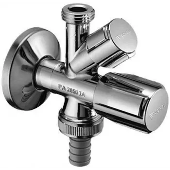 VALVE kampinis vožtuvas 1/2 colio x 1/2 colio x 3/4 colio išoriniais sriegiais, chromuotas žalvaris, dviguba išleidimo anga su atbuliniu vožtuvu
