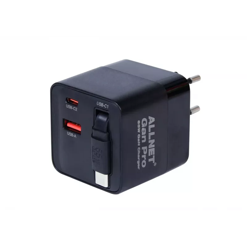 ALLNET 65W GaN USB-C PD sieninis įkroviklis su Quick Charge 3.0, 2x USB-C ir 1x USB-A