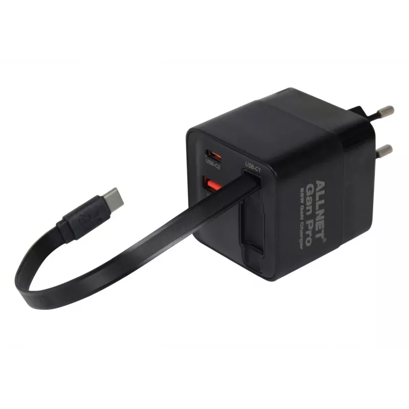 ALLNET 65W GaN USB-C PD sieninis įkroviklis su Quick Charge 3.0, 2x USB-C ir 1x USB-A