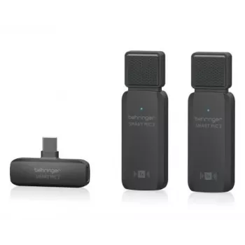 Behringer SMART MIC 2 belaidė išmaniojo telefono mikrofonų sistema su Lightning, USB-C ir 3,5 mm jungtimis, 2,4 GHz skaitmeninis, omnidirectional kondensatorinis, iki 100 m veikimo atstumas, 7 h baterija, įeina lavalier įvestis, vėjo gaubtas ir nešiojimo 