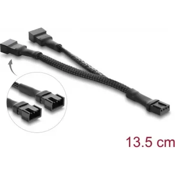 Delock Y-Fan kabelis 1 x 4 kontaktų PWM lizdas į 2 x 4 kontaktų PWM kištukus su pintu apvalkalu, 13,5 cm, juodas