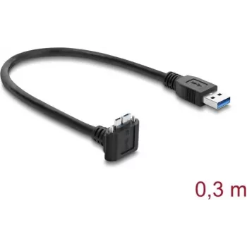 Delock USB 5 Gbps laidas, USB Type-A kištukas į USB Micro-B kištuką su fiksavimo varžtais, 90° kampu į viršų, 0,3 m, juodas