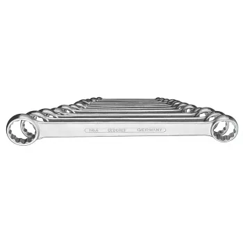 GEDORE 6062190 4-120 Dvigubų žiedinių raktų rinkinys, 11 vnt., metriniai 6-32 mm, chromuotas 31CrV3 plienas, bi-hex 12 taškų, 75° poslinkis, DIN 838