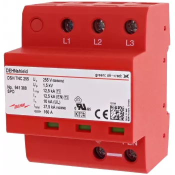 DEHN DSH TNC 255 4 polių 1+2 tipo kombinuotas viršįtampių iškroviklis TN-C sistemoms, 255 V AC, 25 kA (10/350 µs) vienam poliui, 100 kA bendras, DIN bėgelio montavimui, raudonas