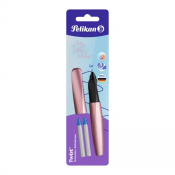 Pelikan Twist rašiklis rožinės-mėlynos spalvos, vidutinio rašalo plunksna - ergonomiška rankena dešiniarankiams ir kairiarankiams, lizdinė pakuotė