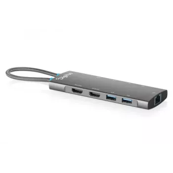 DIGITUS USB-C dokų stotis, 9 prievadų, HDMI 4K, VGA, 3x USB-A, USB-C duomenų, PD 100W, Gigabit Ethernet, kortelių skaitytuvas, garsas, aliuminis
