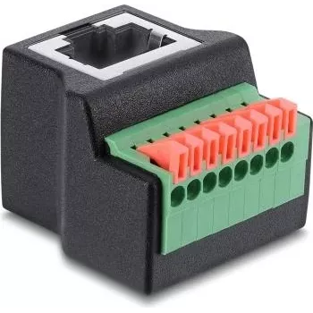 Delock RJ45 Female į 8 kontaktų gnybtų bloką adapteris, 90° kampu, su mygtuku, juodas