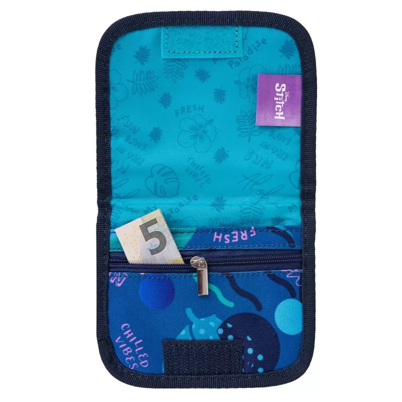 McNeill Disney Stitch krūtinės maišelis mėlynas - vaikų kaklo piniginė su užtrauktuku ir Velcro kišenėmis