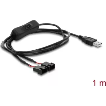 Delock USB Type-A kištukas į 2 x 4 kontaktų ventiliatoriaus jungtį laidas su įjungimo/išjungimo jungikliu, 1 m, juodas