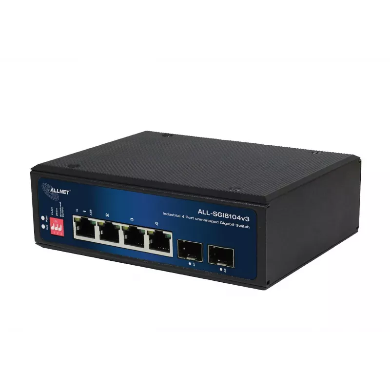 ALLNET ALL-SGI8104v3 pramoninis nevaldomas 2 lygio komutatorius, 6 prievadai GbE, 4x GbE RJ45, 2x SFP, be ventiliatoriaus, IP40