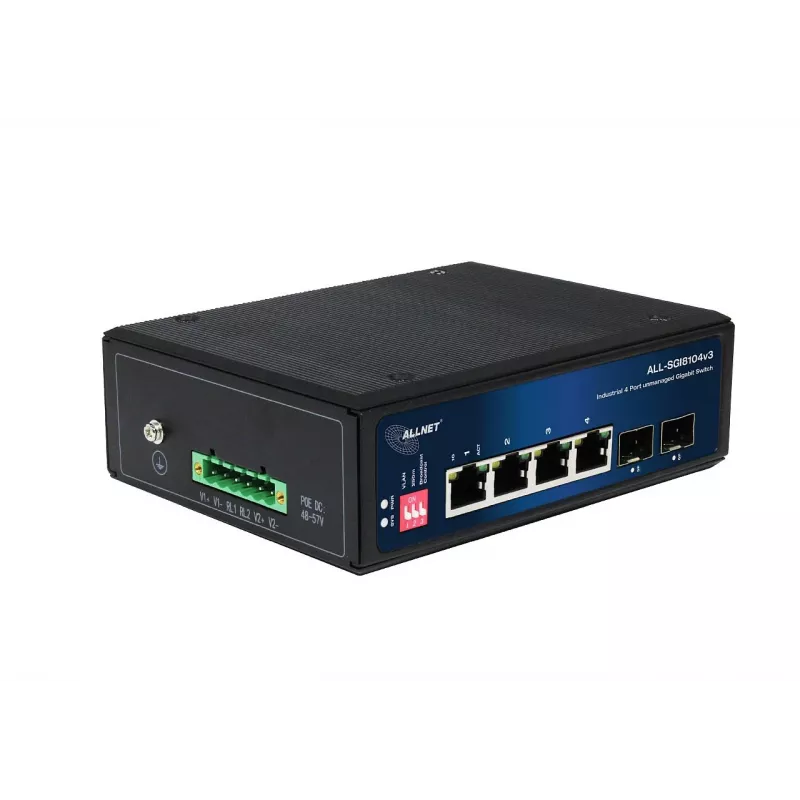 ALLNET ALL-SGI8104v3 pramoninis nevaldomas 2 lygio komutatorius, 6 prievadai GbE, 4x GbE RJ45, 2x SFP, be ventiliatoriaus, IP40