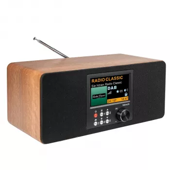 Albrecht DR 864 Stereo DAB+ FM radijas su Bluetooth, medinis korpusas, 2x7W RMS, 2,4 inch TFT spalvotas ekranas, dvigubas žadintuvas, AUX-in, ausinių lizdas, USB įkrovimas, nuotolinio valdymo pultelis