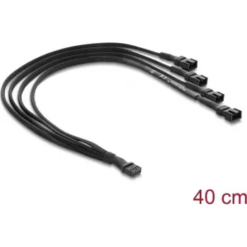 Delock 91342 4 kontaktų PWM ventiliatoriaus šakotuvas, 1x4 kontaktų lizdas į 3x4 kontaktų kištukus (3 kontaktai užimti), pintas apvijimas, 40 cm, juodas