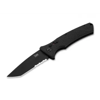 Heckler & Koch FD01 automatinis Tanto D2 sulankstomas peilis, juoda aliuminio rankena, D2 plieno ašmenys, mygtuko fiksatorius, 85 mm ašmenys