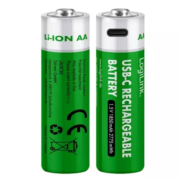 LogiLink LR6RCB2 įkraunamos AA ličio jonų baterijos su USB-C, 2 vnt., 1,5 V pastovi įtampa, 2600 mWh