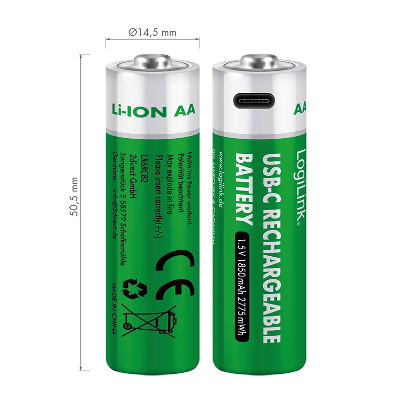 LogiLink LR6RCB2 įkraunamos AA ličio jonų baterijos su USB-C, 2 vnt., 1,5 V pastovi įtampa, 2600 mWh