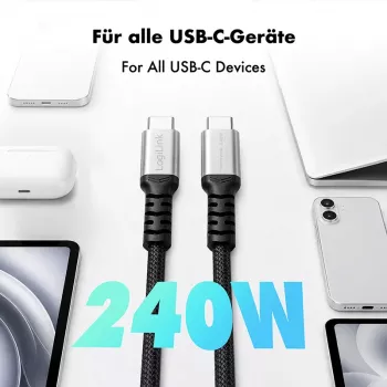 LogiLink USB 2.0 Type-C laidas, C/M į C/M, 480 Mbps, 240W, nailonas, metalas, juoda/sidabrinė, 2 m