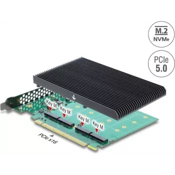 Delock PCI Express 5.0 x16 kortelė į 4 vidinius NVMe M.2 Key M su radiatoriumi - Bifurkacija