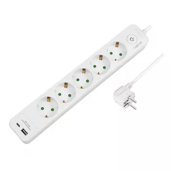 LogiLink LPS280U elektros ilgintuvas, 5 AC lizdai, 2 USB prievadai (USB-A ir USB-C), 17W, baltas