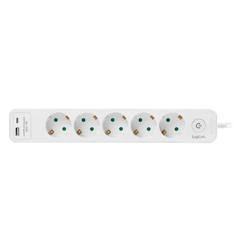 LogiLink LPS280U elektros ilgintuvas, 5 AC lizdai, 2 USB prievadai (USB-A ir USB-C), 17W, baltas