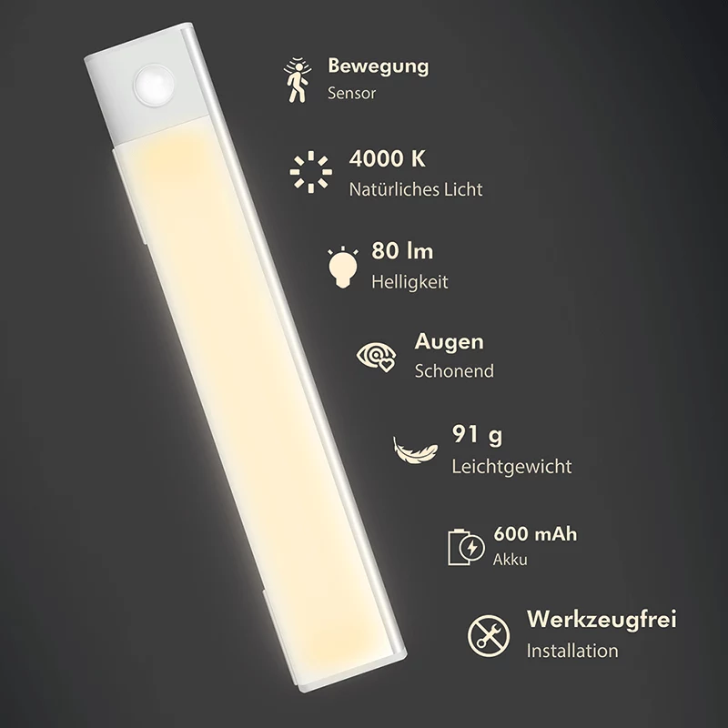 LogiLink LED šviestuvas po spintele, itin plonas, su PIR jutikliu, 200mm, 80lm, įkraunamas per USB-C, magnetinis tvirtinimas, šalta balta šviesa