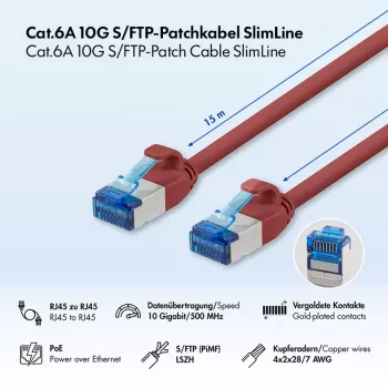 LogiLink Cat.6A Slim S/FTP LSZH Patch Laidas, raudonas, 15 m, SlimLine