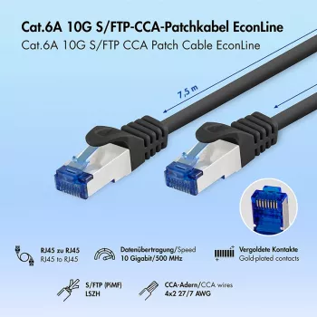 LogiLink EconLine Cat.6A S/FTP LSZH 7,5 m laidas, juodas, CCA
