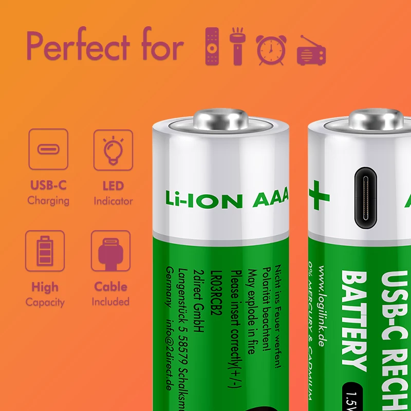 LogiLink LR03RCB2 USB-C įkraunamos AAA Li-Ion baterijos, 1,5 V, 2 vnt.