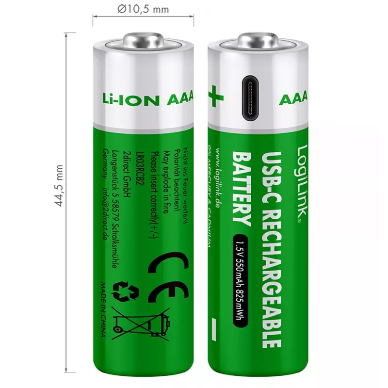 LogiLink LR03RCB2 USB-C įkraunamos AAA Li-Ion baterijos, 1,5 V, 2 vnt.
