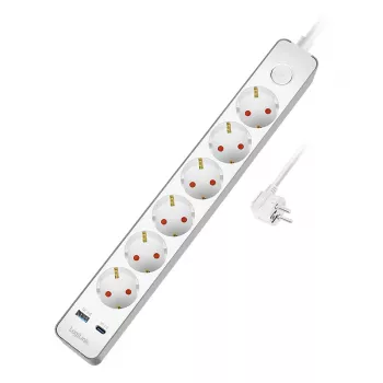 LogiLink ilgintuvas su 6 apsauginiais lizdais, USB-A ir USB-C PD 20W, mygtuku, 1,5 m, baltas