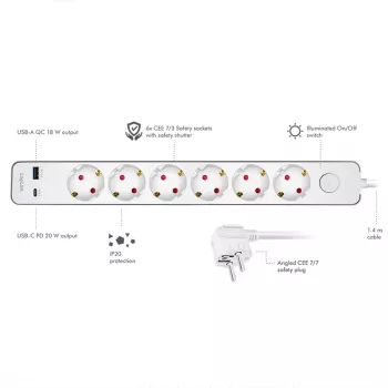 LogiLink ilgintuvas su 6 apsauginiais lizdais, USB-A ir USB-C PD 20W, mygtuku, 1,5 m, baltas