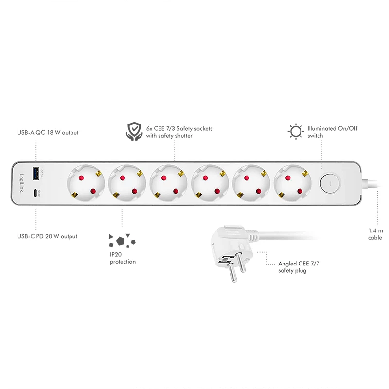 LogiLink ilgintuvas su 6 apsauginiais lizdais, USB-A ir USB-C PD 20W, mygtuku, 1,5 m, baltas