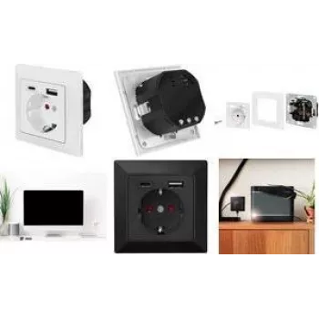 LogiLink PA0262B sieninis lizdas su 1 Schuko kištukiniu lizdu, 1 USB-A ir 1 USB-C įkrovikliu, juodas