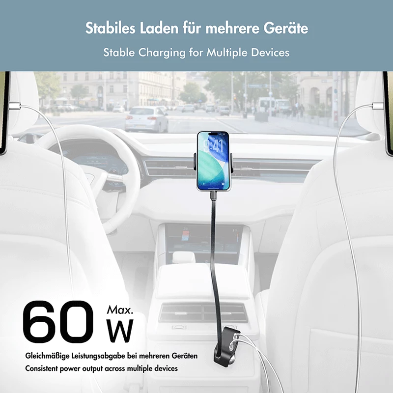 LogiLink USB automobilinis įkroviklis, 3 prievadai su įtraukiamu USB-C laidu, 60W, PD, QC, juodas