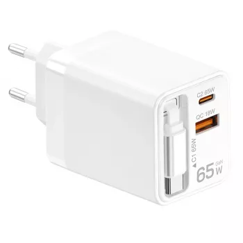 LogiLink USB-A/C įkroviklis 65 W GaN 3 prievadų baltas su USB-C laidu