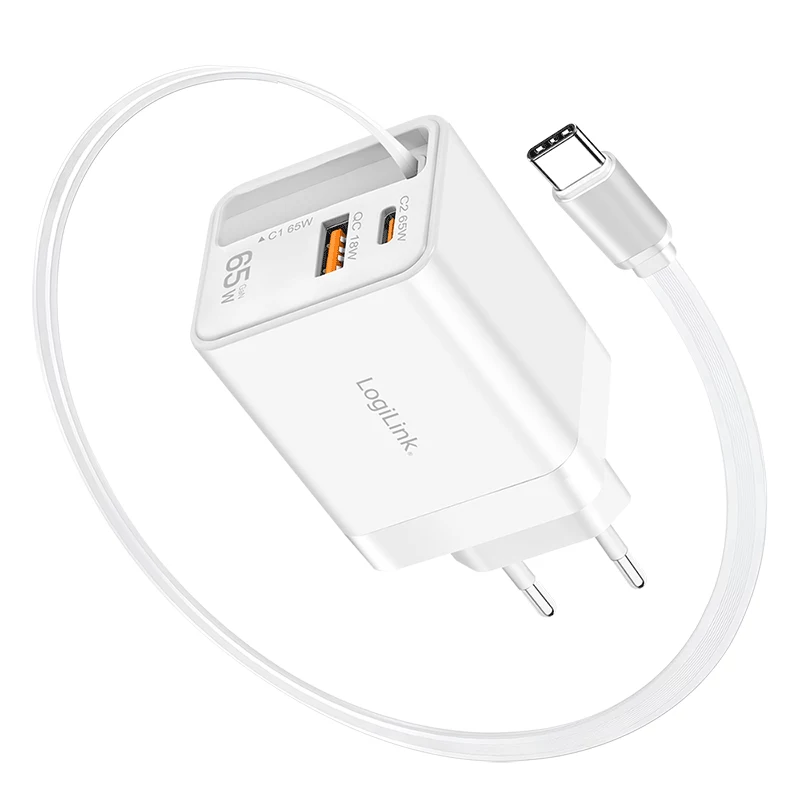 LogiLink USB-A/C įkroviklis 65 W GaN 3 prievadų baltas su USB-C laidu