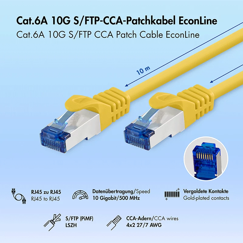 LogiLink Cat.6A S/FTP LSZH 10 m geltonas patch kabelis, CCA, EconLine