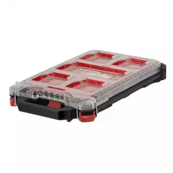 Milwaukee PACKOUT Slim Organizer Medium 8277387 - IP65 atsparus vandeniui ir dulkėms, 10 išimamų dėtuvių, skaidrus polikarbonato dangtis, metalinės sustiprintos skląsčiai, raudonas/juodas
