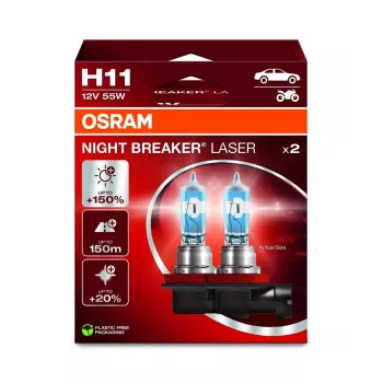 OSRAM NIGHT BREAKER LASER H11 Halogeninė lemputė, dviejų vnt. komplektas, 12V 55W PGJ19-2, iki 150% šviesesnė, 150m ilgesnis spindulys, 3900K