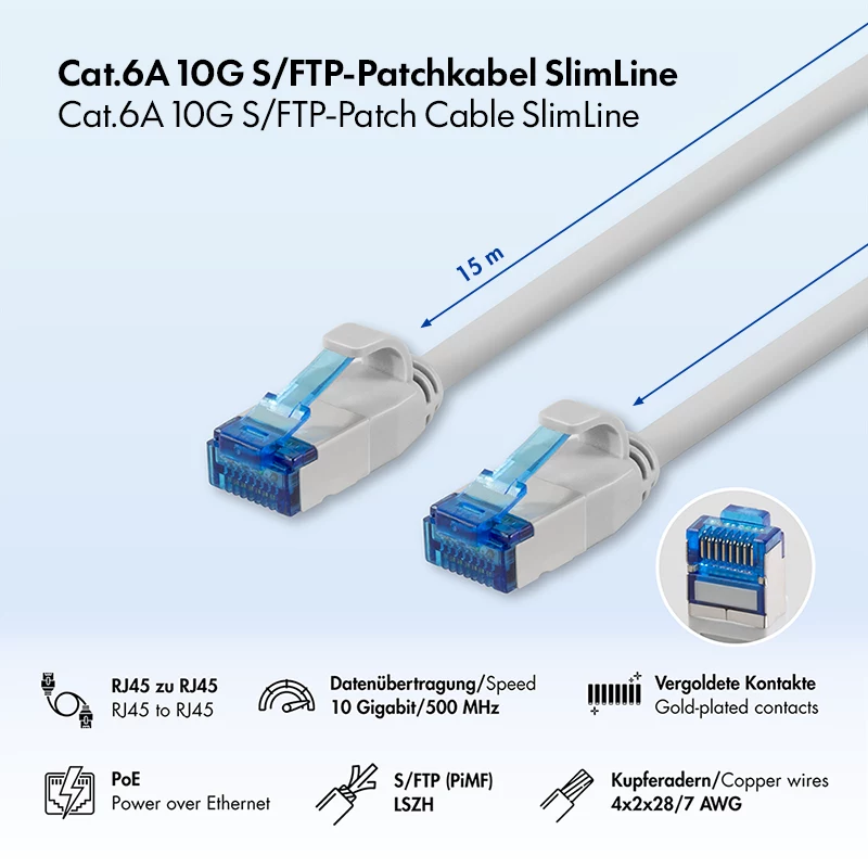 LogiLink Cat.6A Slim S/FTP LSZH jungiamasis kabelis, pilkas, 15 m, SlimLine