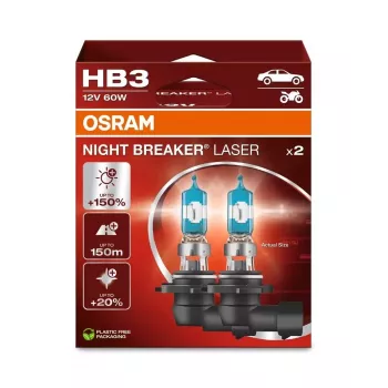 OSRAM Night Breaker Laser HB3 12V 60W P20d halogeninė lempa, dviejų vnt. pakuotė, iki 150% šviesesnė, 150m ilgesnis spindulys, 20% baltesnė šviesa