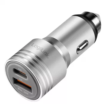 LogiLink USB automobilinis įkroviklis, 2 prievadai, 20W greitas įkrovimas, sidabrinis