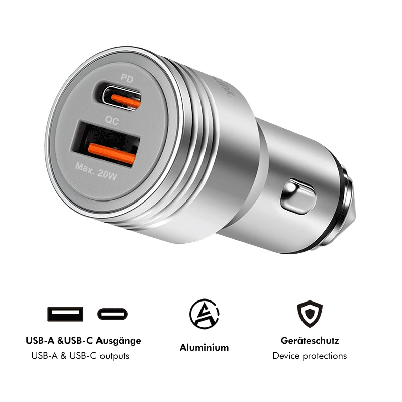 LogiLink USB automobilinis įkroviklis, 2 prievadai, 20W greitas įkrovimas, sidabrinis