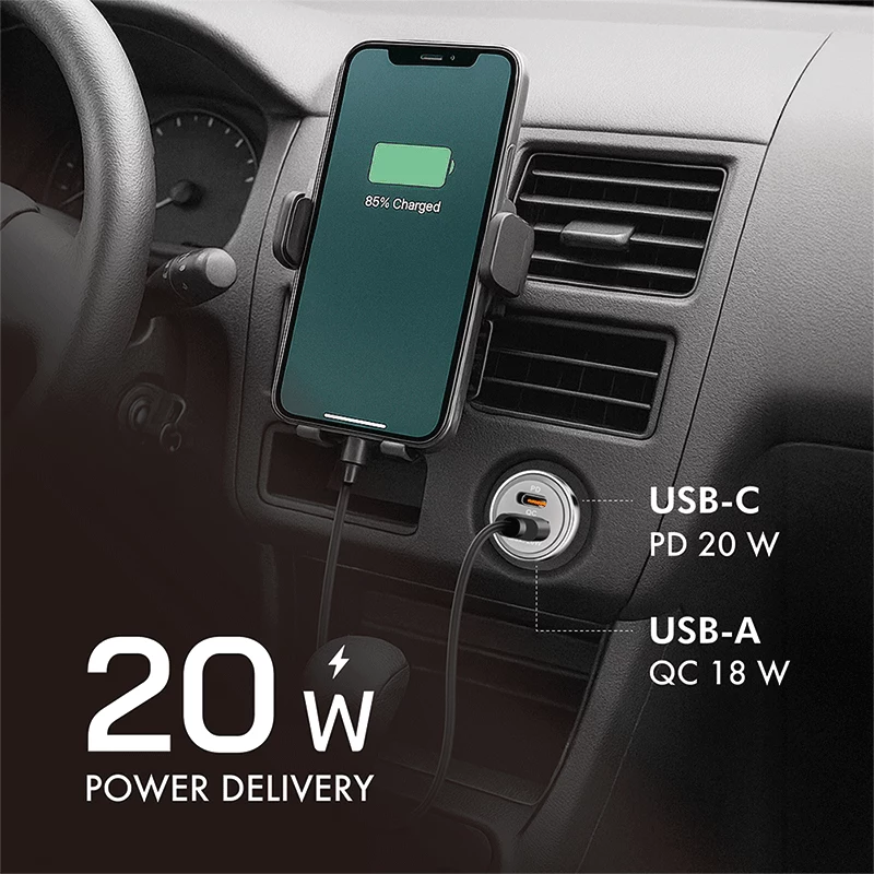 LogiLink USB automobilinis įkroviklis, 2 prievadai, 20W greitas įkrovimas, sidabrinis