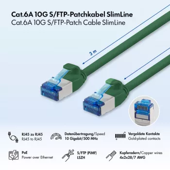 LogiLink SlimLine Cat.6A S/FTP LSZH Patch Laidas, 3 m, žalias