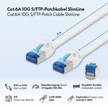 LogiLink Cat.6A Slim S/FTP LSZH Patch Laidas, baltas, 5m, SlimLine