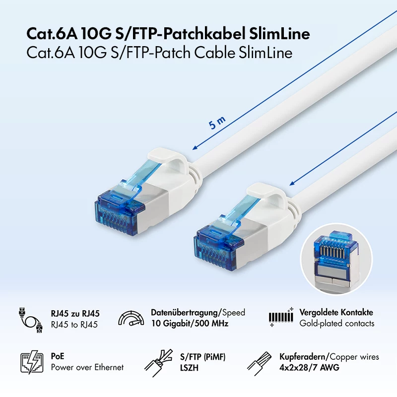 LogiLink Cat.6A Slim S/FTP LSZH Patch Laidas, baltas, 5m, SlimLine