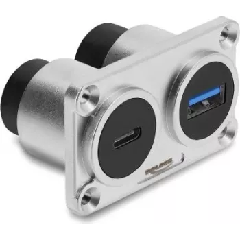 Delock Dual Panel Mount USB 3.2 Gen 1 Type-A lizdas + USB 3.2 Gen 2 Type-C lizdas su 100 W Power Delivery, sidabrinis