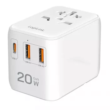 LogiLink PA0356 USB-A/C kelioninis 20W GaN 3 prievadų įkroviklis, baltas